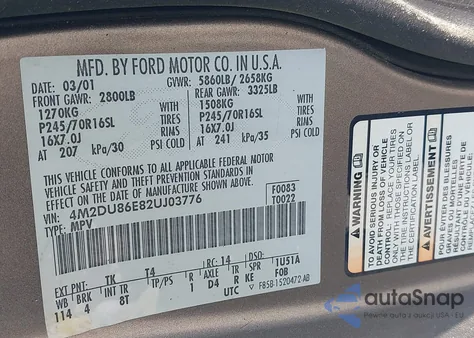 2002 Mercury Mountaineer from USA, damaged, VIN 4M2DU86E82UJ03776